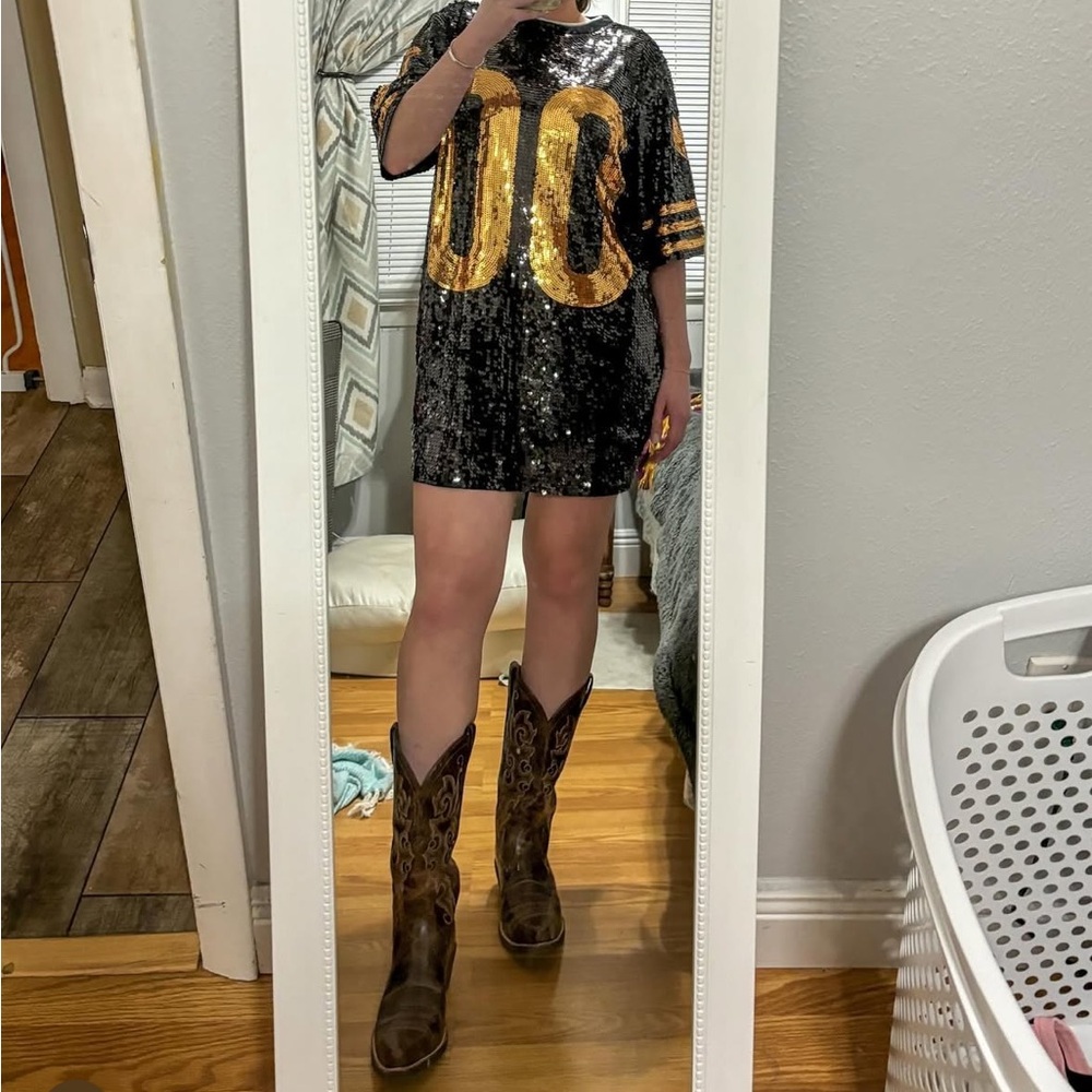 Sequin Black and Gold Mini Jersey Dress